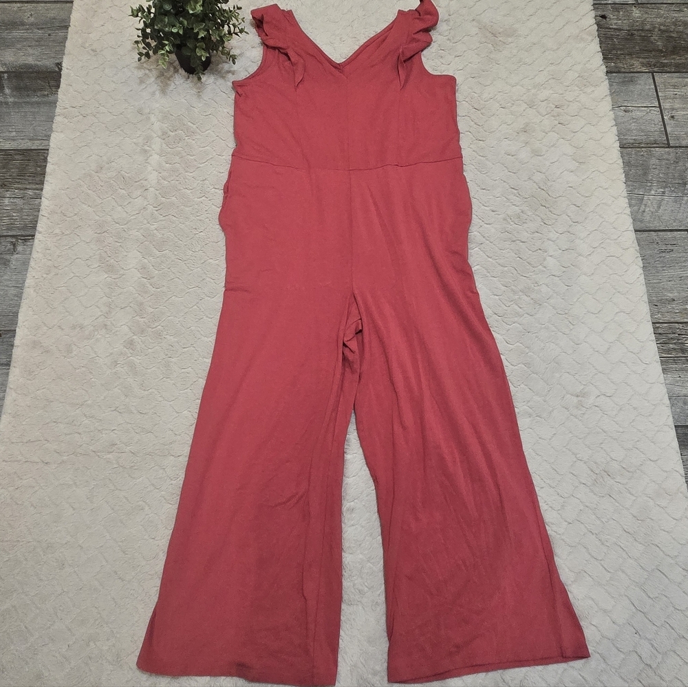 AnyBody Coral Pink Ruffle-Shoulder Jumpsuit